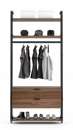 an open shelf with clothes and shoes on it, in front of a white background