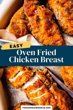 oven fried chicken breast in a box with text overlay