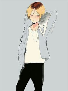 an anime character with blonde hair and black pants, holding his hand to his face