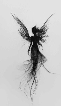 a black and white photo of a fairy with long hair flying through the air,