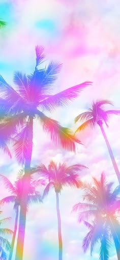 there are palm trees that are in the sky with clouds behind them and one is pink, blue, green, yellow