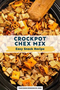 crockpot chex mix in a slow cooker with the title overlay