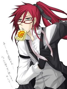 an anime character with red hair and glasses, holding a drink in his right hand