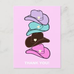 a pink thank card with four hats on top of each other and the words, thank you