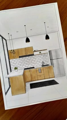 a drawing of a kitchen with wooden cabinets