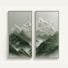 two paintings with mountains in the background and one on the wall above them, both are made out of acrylic paint