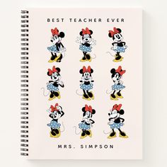 a spiral notebook with mickey and minnie mouses on the cover, which reads best teacher ever