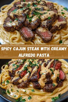 two pictures of steak with creamy alfredo sauce and pasta on the same plate as well