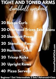 the back of a woman's torso with text that reads, tight and toned arms dumbbell workout