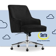 a black office chair sitting on top of a metal casteor wheel base with the serra logo above it