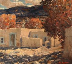 a painting of an old adobe house in the fall with trees and mountains behind it