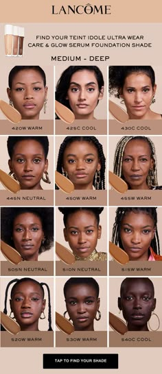 Lancôme Teint Idole Ultra Wear Care & Glow Foundation medium to deep skintones shade guide. Dark Skin Foundation, Find Your Foundation Shade, Airbrush Foundation, Makeup 101, Serum Foundation, Foundation Shade, Makeup For Black Skin, Brown Skin Makeup, Glow Serum