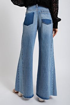 Catch everyone's eye in Pieces of Grace's Washed Denim Bell Bottom Pants. Drawing attention with its high waisted design, button closure, zip fly and raw bottom hem, it'll be the perfect addition to your wardrobe. With its patchwork detail, you'll be both fashionable and comfortable! What are you waiting for? Get a pair today! High-waist Patchwork Denim Bottoms, Reworked Wide-leg Denim Blue Bottoms, Vintage Full-length Denim Blue Bottoms, Medium Wash Recycled Denim Full-length Bottoms, Full-length Denim Pants With Button Closure, Denim Bag Patterns, Bell Bottom Pants, Denim Diy, Denim Bag