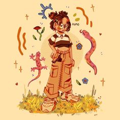 a drawing of a girl standing in the grass with her hands on her hips and an animal behind her