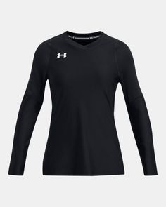 the under armour long sleeve shirt is black with white logo on the chest and side