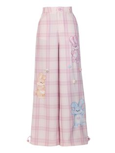 Featuring a delightful bunny print design, intricate knit flower decorations, and a sweet pink plaid pattern, these pants are the perfect combination of cute and chic. The pants are comfortable to wear.   Please note that this product includes only one pair of pants, other items shown are for styling purposes and need to be purchased separately. Garment Size SizeSMLFull Length108109110Waist646872Hips91.595.599.5Cuff606264 Spring Plaid Loungewear Pants, Playful Pink Cotton Pants, Cute Wide Leg Spring Bottoms, Cute Pink Cotton Pants, Cute Pink Pants For Spring, Cute Pink Spring Bottoms, Playful Pink Pants For Pajama Party, Trendy Pink Pants For Pajama Party, Playful Pink Bottoms For Spring