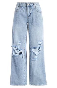 These light-wash jeans boast the baggy wide-leg silhouette of the season, while chic distressing adds a little edge. 32" inseam; 22" leg opening; 10" front rise; 14" back rise (size 29) Zip fly with button closure Five-pocket style 100% cotton Machine wash, tumble dry Imported Cute Baggy Ripped Jeans, Cite Jeans, Cute Wide Leg Jeans, Baggy Jeans Png, Cute Baggy Jeans Outfit, Low Rise Baggy Jeans Outfit, Cute Baggy Jeans, Straight Baggy Jeans, Ripped Baggy Jeans