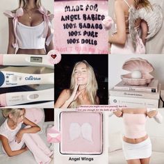 a collage of photos with angel bras, hot babe dolls and other items