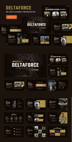 the website design for deltaforce is shown in black and gold colors, with an image of