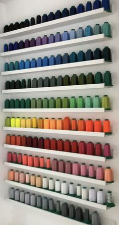 the shelves are filled with different colors of thread