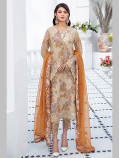 Designer Embroidered Chiffon Salwar Kameez - Pakistani Dress - C752G | Fabricoz USA Pakistani Boutique, Chiffon Sleeves, Organza Sleeves, Embroidered Organza, Pakistani Dress, Chiffon Fashion, Chiffon Dupatta