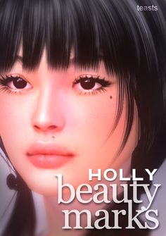 a woman with black hair and bangs is featured in the cover of a book called holly beauty marks