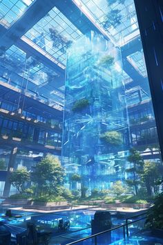 an artistic rendering of a futuristic building with trees and plants in the middle of it