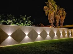 a wall that has some lights on it in the grass and palm trees behind it