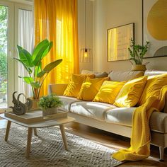 a living room filled with furniture and yellow curtains