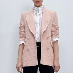 Brand New With Tags. Elegant Long Sleeve Tweed Jacket With Button Closure, Feminine Fall Outerwear With Button Closure, Chic Fitted Tweed Jacket With Button Closure, Feminine Outerwear With Button Closure For Fall, Pink Single-breasted Tweed Jacket, Chic Structured Blazer For Spring, Feminine Double-breasted Fall Outerwear, Structured Spring Outerwear For Formal Occasions, Structured Formal Spring Outerwear