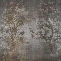 an old wallpaper with birds and flowers on the left side, in grey tones