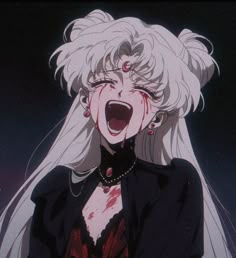 a woman with long white hair and red eyes in a black dress is screaming at something