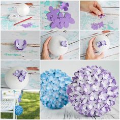 an iphone photo collage with purple and blue paper flowers on the left, and white balls on the right