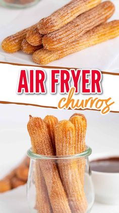 an air fryer churros in a glass jar with the title above it