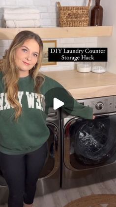 a woman standing in front of a washer with the words diy laundry counter storage hack