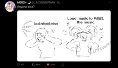 a cartoon drawing of someone listening to music on the phone and another person holding their head