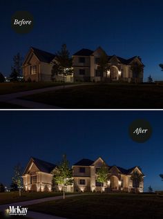 before and after shots of a house at night with the light turned on from outside