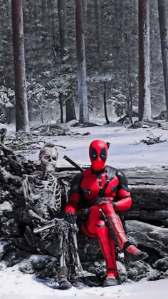 deadpool sitting on a log in the woods with a skeleton behind him and another deadpool standing next to it