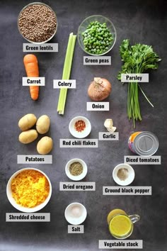 the ingredients for this meal include carrots, celery, onions, peas, and parsley