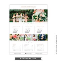 the wedding pricing sheet is shown with photos and text