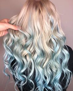 Platinum Blonde With Blue Highlights, Platinum Blonde Hair With Blue Tips, Fun Color Ideas For Blondes, Blonde Hair Dip Dyed, Blonde With Light Blue Highlights, Blond With Blue Highlights, Blue Tips Hair Blonde, Blue Balayage Blonde, Blue Hair With Blonde Highlights