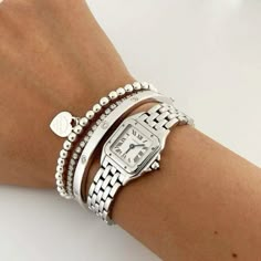 silver jewlery, bracelet stack, jewlery inspo Silver Jewlery, Silver Watches Women, Tiffany Bracelets, Cartier Panthere, Wrist Jewelry, Luxe Jewelry, Classy Jewelry