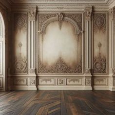 an empty room with wood flooring and ornate carvings on the walls, along with arched doorways