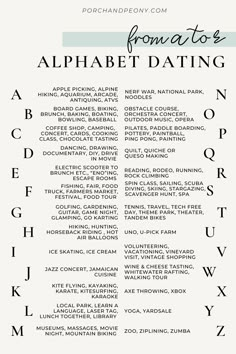 the font and numbers for an alphabet dating game