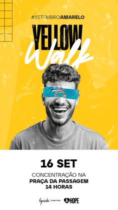 the poster for yellow walk with a man wearing blindfolds on his face and smiling