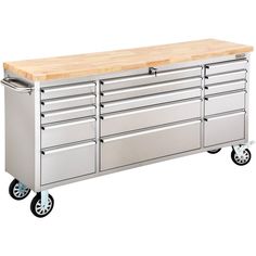 a large metal tool cabinet on wheels with a wooden top and two drawers below it