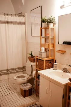 a bathroom with a toilet, sink and shelves