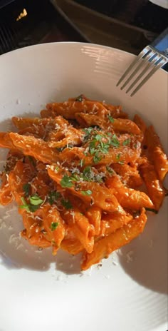 a white plate topped with pasta covered in sauce and parmesan cheese