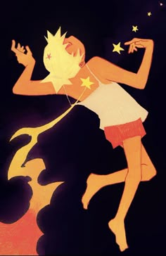 a drawing of a girl in an orange dress holding a star above her head and flying through the air