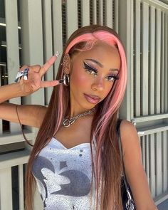 Straight Brown Hair With Light Pink Skunk Stripe Color Pre-plucked Natural Hairline 13x4 Lace Front Wig Pink Skunk Stripe, Brown And Pink Hair, Brown Straight Hair, Skunk Stripe, Pink Wig, Ombre Wigs, Raw Hair, Colored Wigs, Straight Lace Front Wigs